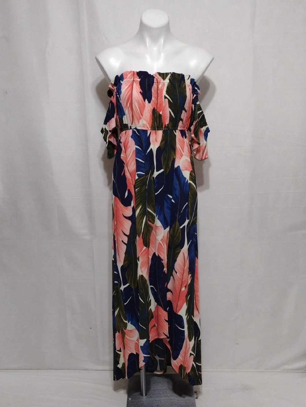 Venus Tropical Leaf Print Off Shoulder High Low Maxi Dress M Resort Vacation - Picture 4 of 16